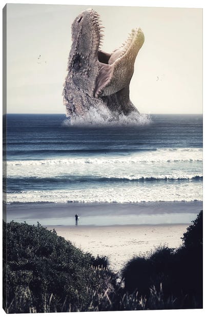Surfing With Giant Dinosaur In The Ocean Canvas Art Print - GEN Z