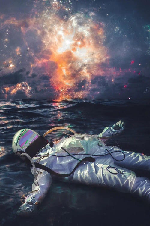 Astronaut Floating In Ocean In Front Of Sky Galaxy