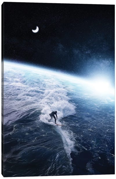 Surf On Planet Earth Space And Crescent Moon Canvas Art Print - GEN Z