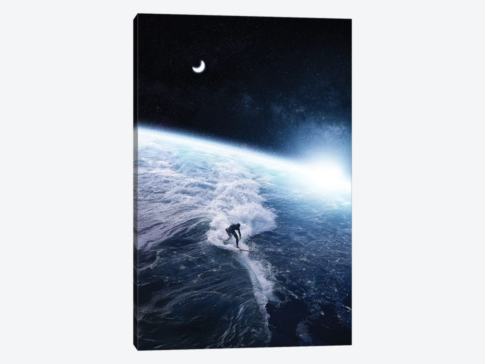 Surf On Planet Earth Space And Crescent Moon by GEN Z 1-piece Art Print