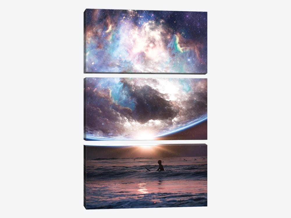 Surf In Ocean Under Sunset Earth Sky by GEN Z 3-piece Canvas Wall Art