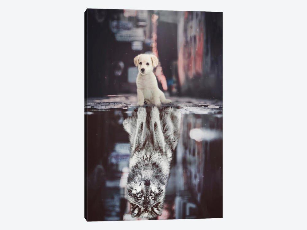 Teen Wolf, A Reflection Of Puppy In A Puddle Street by GEN Z 1-piece Art Print