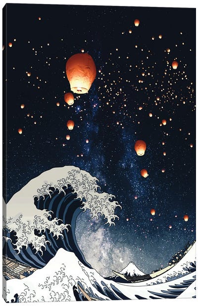 The Big Wave And Japanese Lanterns In Night Sky Canvas Art Print - Japan Art
