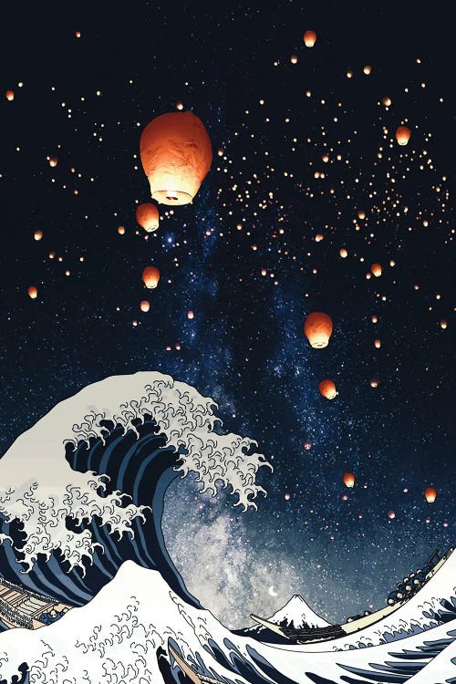 The Big Wave And Japanese Lanterns In Night Sky by GEN Z wall art