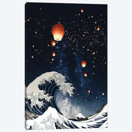 The Big Wave And Japanese Lanterns In Night Sky Canvas Print #GEZ173} by GEN Z Canvas Art