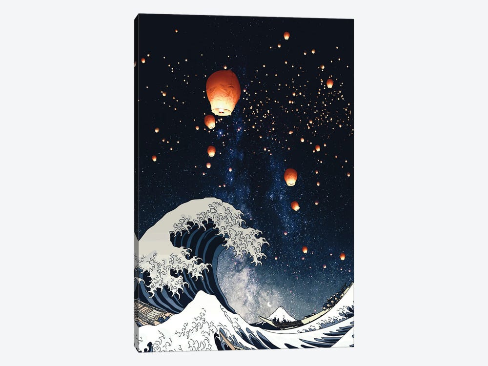 The Big Wave And Japanese Lanterns In Night Sky by GEN Z 1-piece Canvas Wall Art