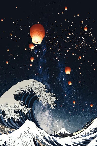 The Great Wave: The Big Wave And Japanese Lanterns In Night Sky by GEN Z