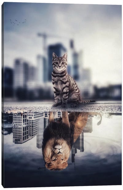 The Lion City, A Reflection Cat In Puddle Canvas Art Print - Lion Art