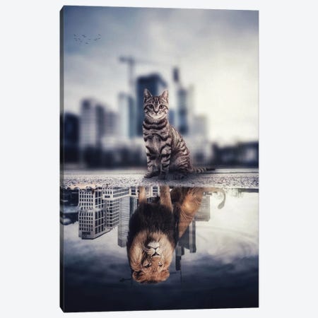 The Lion City, A Reflection Cat In Puddle Canvas Print #GEZ178} by GEN Z Canvas Wall Art