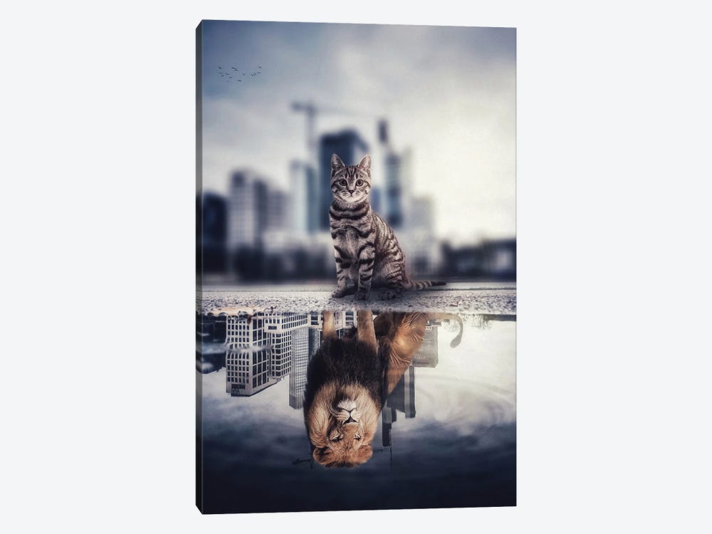 The Lion City, A Reflection Cat In Puddle by GEN Z 1-piece Canvas Art Print