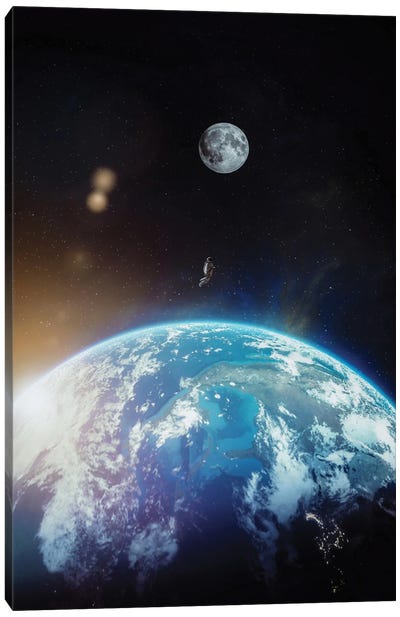 Astronaut Above The Earth Flying To The Moon Canvas Art Print - Earth Art