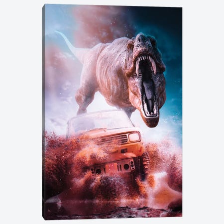 The Tyrannosaurus Car Attack In Desert Canvas Print #GEZ186} by GEN Z Canvas Artwork