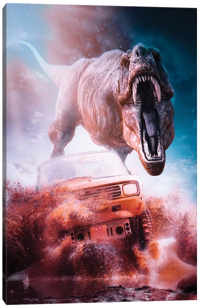 The Tyrannosaurus Car Attack In Desert Canvas Art Print - Prehistoric Animal Art