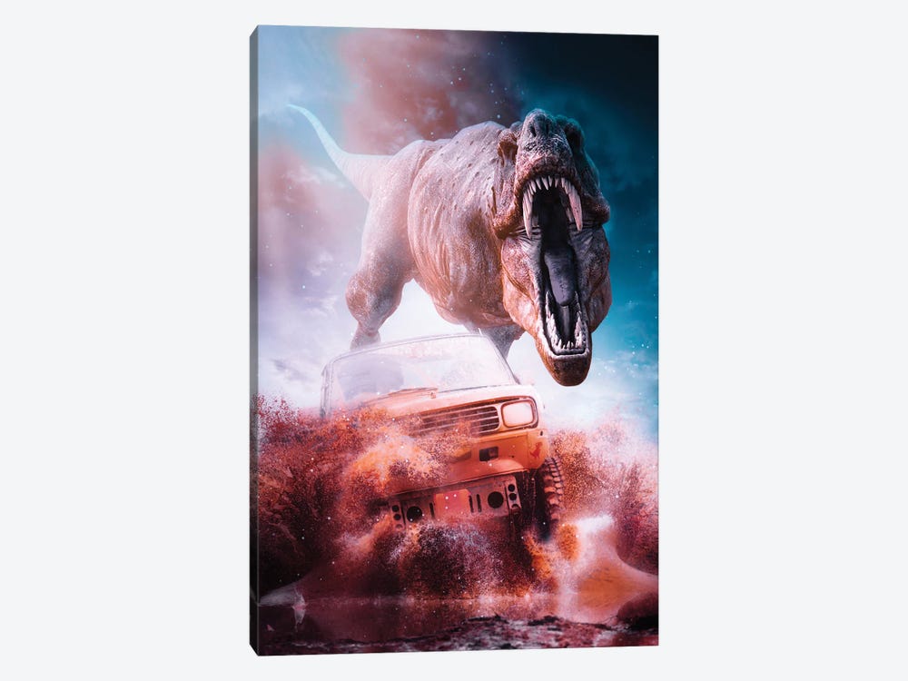 The Tyrannosaurus Car Attack In Desert by GEN Z 1-piece Canvas Wall Art
