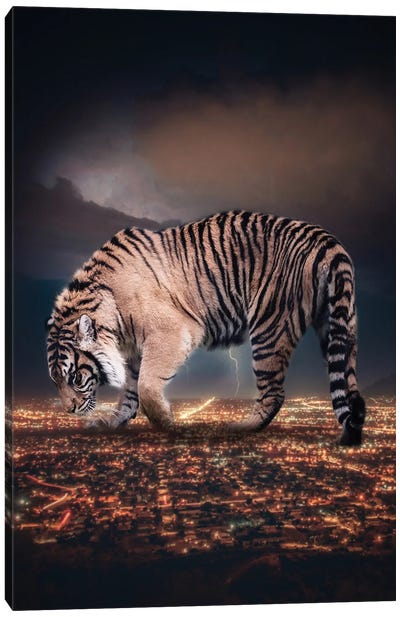 Giant Tiger Ciity King And Lightnings In The Night Canvas Art Print - Gentle Giants
