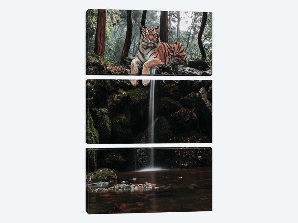 Tiger Waterfall With Robin In River by GEN Z 3-piece Canvas Art Print