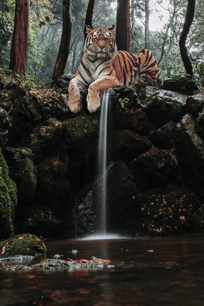 Tigers: Tiger Waterfall With Robin In River by GEN Z