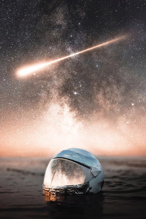 Astronaut Helmet Reflection In Ocean And Comet In Sky