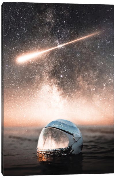Astronaut Helmet Reflection In Ocean And Comet In Sky Canvas Art Print - Comet & Asteroid Art