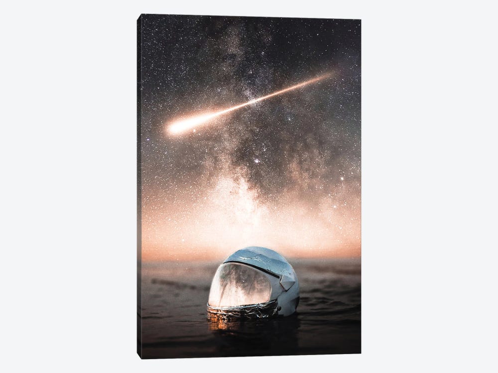 Astronaut Helmet Reflection In Ocean And Comet In Sky by GEN Z 1-piece Art Print