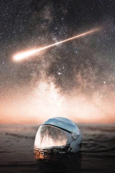 GEN Z: Astronaut Helmet Reflection In Ocean And Comet In Sky by GEN Z