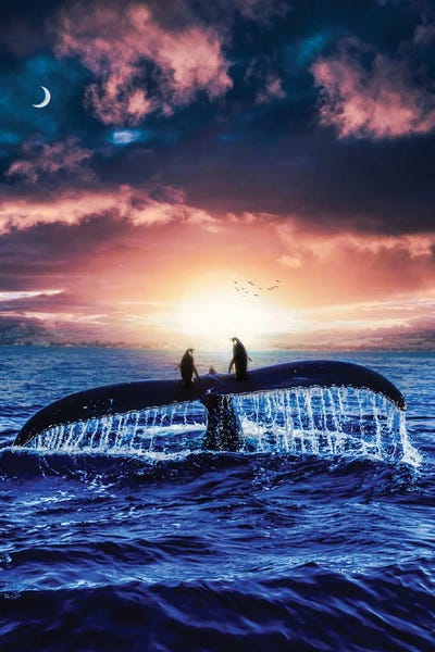 Travel Of Two Penguins On The Back Of A Whale