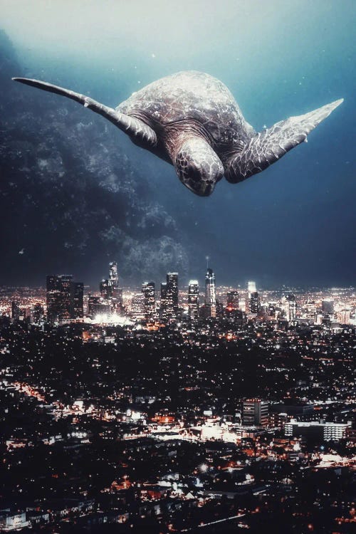 Giant Turtle Flying Over The Night City