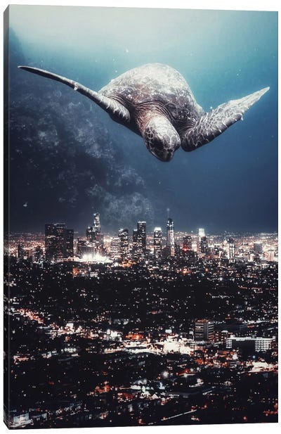 Giant Turtle Flying Over The Night City Canvas Art Print - Gentle Giants