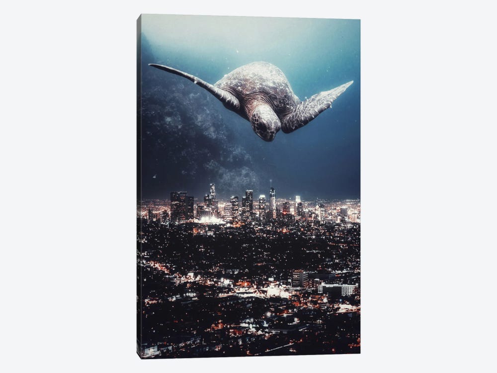 Giant Turtle Flying Over The Night City by GEN Z 1-piece Canvas Wall Art