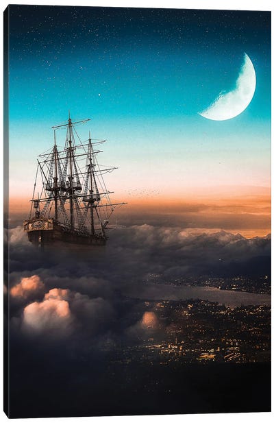 Vessel In The Clouds Sailing Over The City Night Canvas Art Print - GEN Z