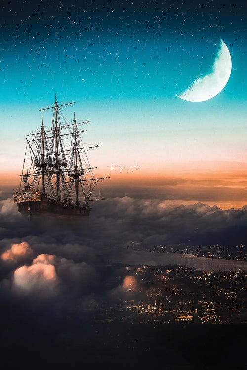 Vessel In The Clouds Sailing Over The City Night