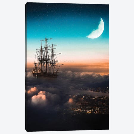 Vessel In The Clouds Sailing Over The City Night Canvas Print #GEZ198} by GEN Z Canvas Art