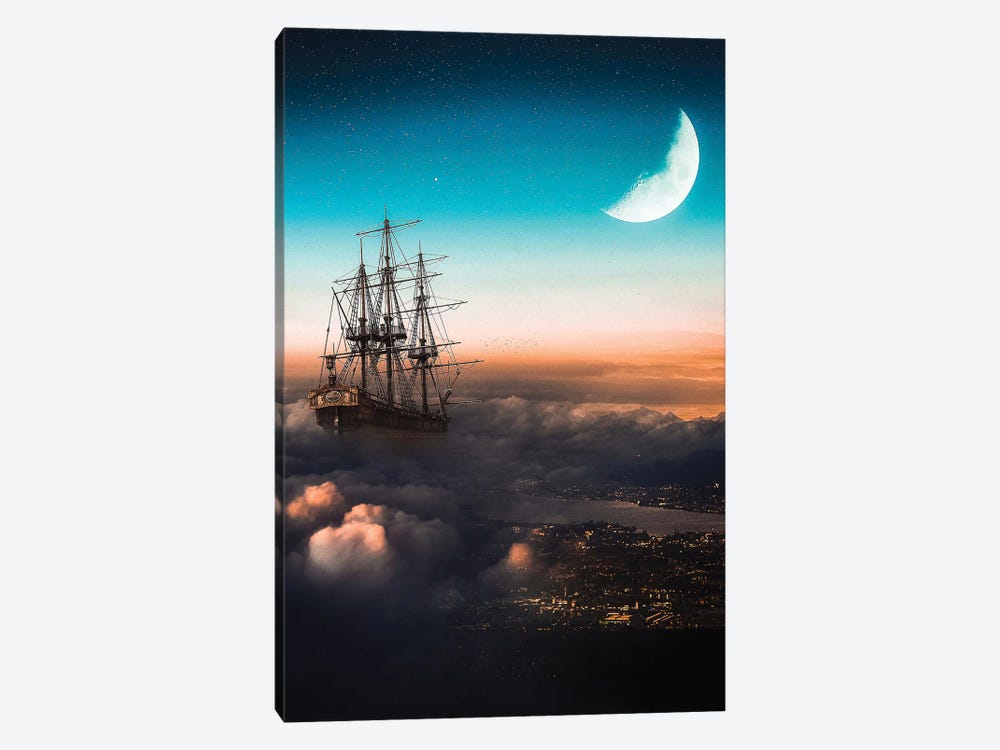 Vessel In The Clouds Sailing Over The City Night by GEN Z 1-piece Canvas Print