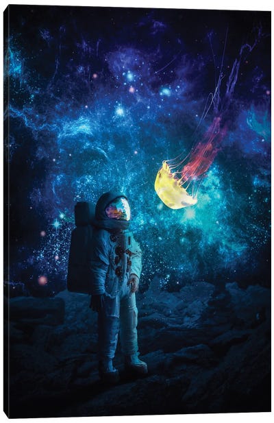 Astronaut In Universe With Jellyfish Space Canvas Art Print - Galaxy Art