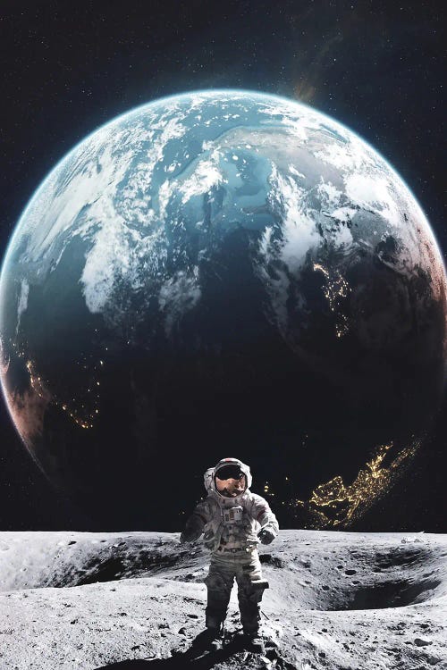 Astronaut Walking On The Moon In Front Of Planet Earth