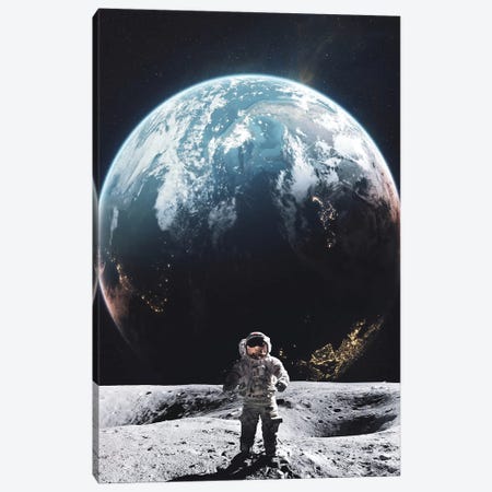 Astronaut Walking On The Moon In Front Of Planet Earth Canvas Print #GEZ200} by GEN Z Canvas Art