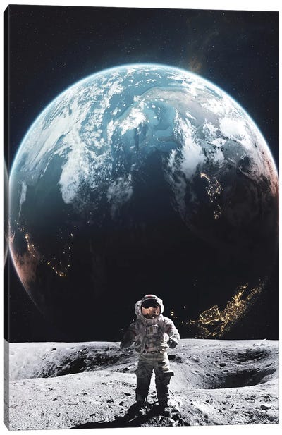 Astronaut Walking On The Moon In Front Of Planet Earth Canvas Art Print - Earth Art