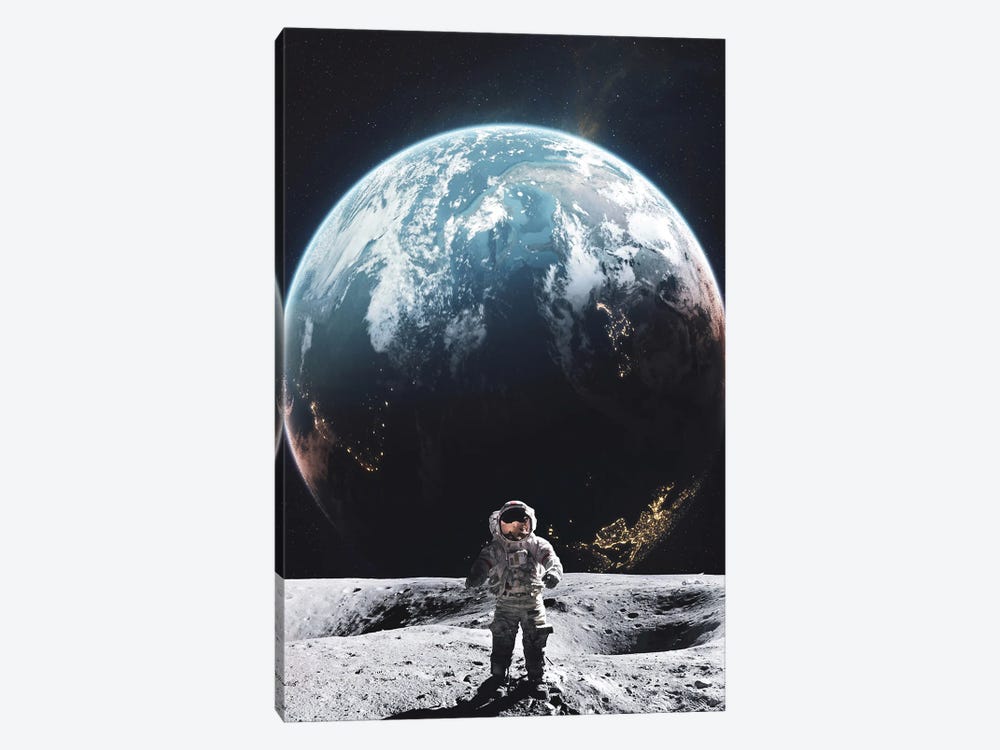 Astronaut Walking On The Moon In Front Of Planet Earth by GEN Z 1-piece Canvas Artwork