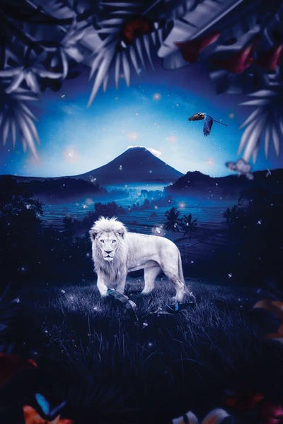 White Lion In Blue Jungle by GEN Z framed wall art