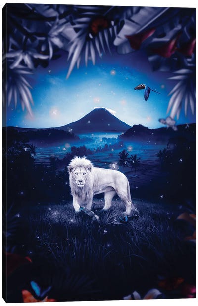 White Lion In Blue Jungle Canvas Art Print - GEN Z