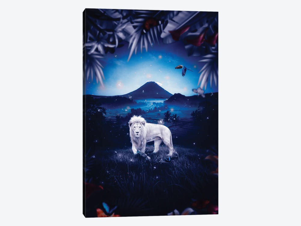 White Lion In Blue Jungle by GEN Z 1-piece Canvas Art