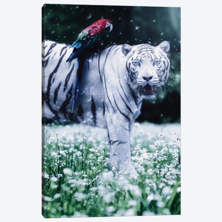White Tiger, Parrow And Flying Dandelions Canvas Print #GEZ206} by GEN Z Canvas Art Print