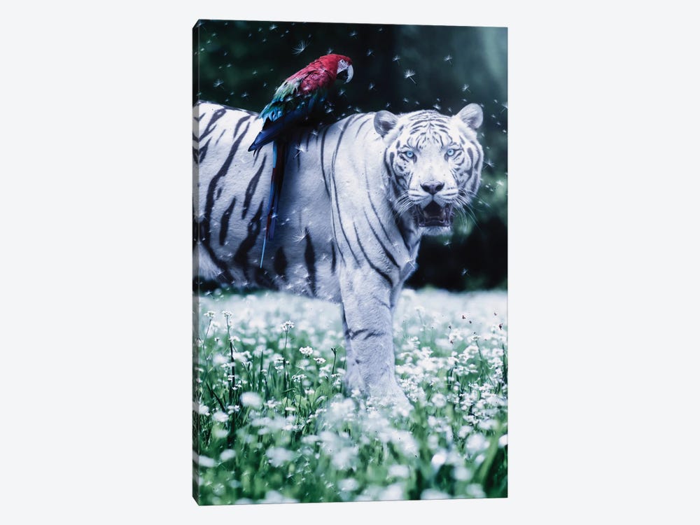 White Tiger, Parrow And Flying Dandelions by GEN Z 1-piece Canvas Wall Art