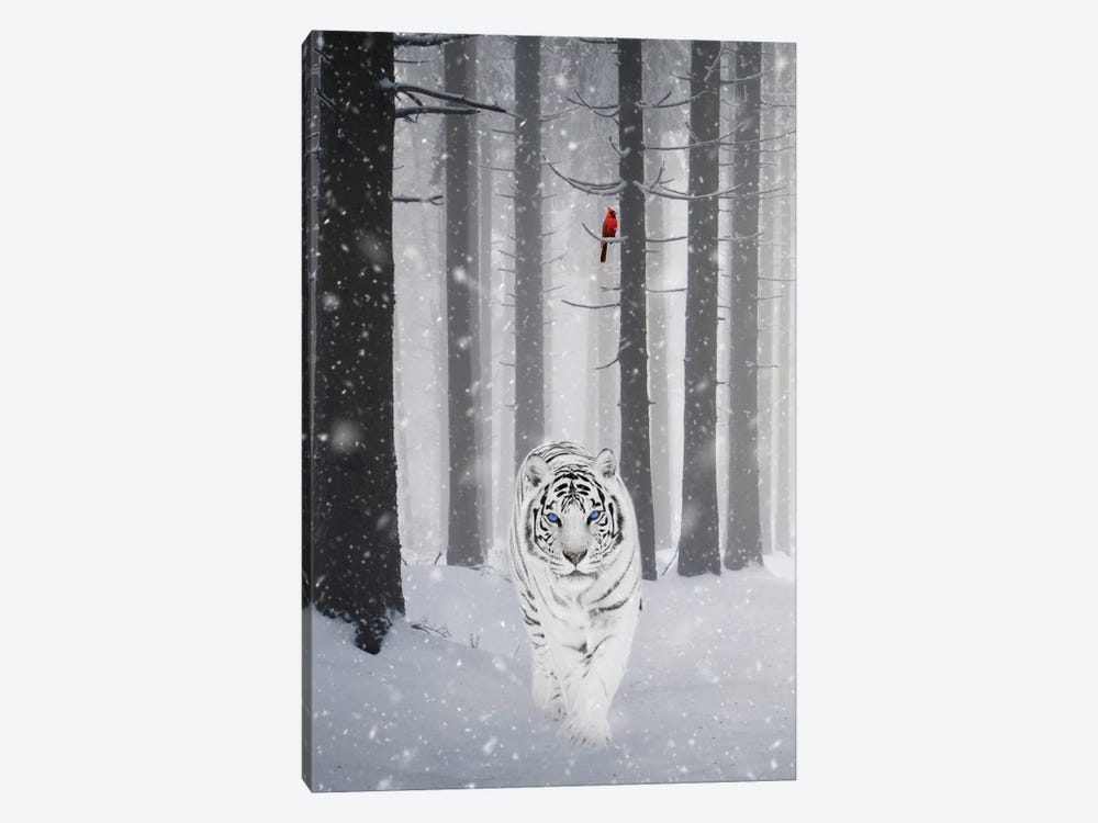White Tiger And Red Cardinal Under Snow In Forest by GEN Z 1-piece Art Print