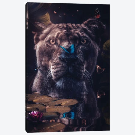 Wild Lioness Taking A Bath With Water Lilies And Butterflies Canvas Print #GEZ208} by GEN Z Canvas Artwork
