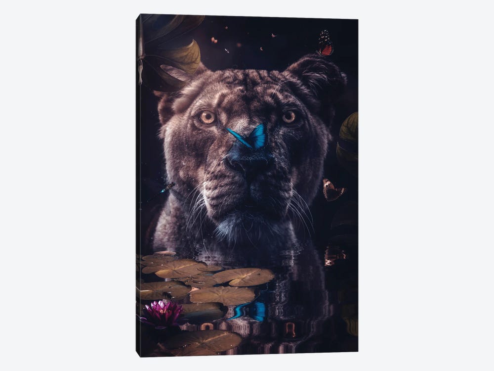 Wild Lioness Taking A Bath With Water Lilies And Butterflies by GEN Z 1-piece Canvas Artwork