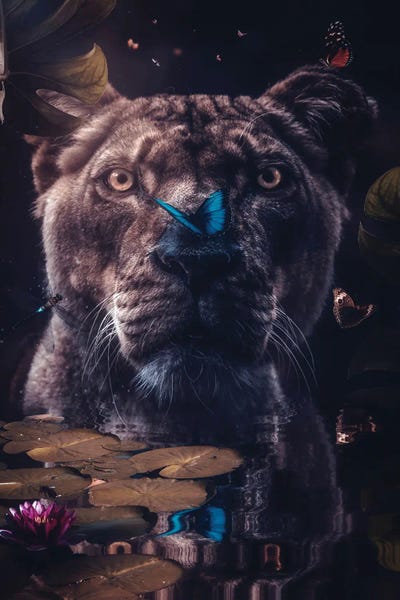 GEN Z: Wild Lioness Taking A Bath With Water Lilies And Butterflies by GEN Z