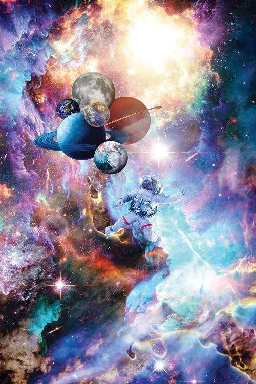 Astronaut Levitation With Balloons Planets In Colorful Space