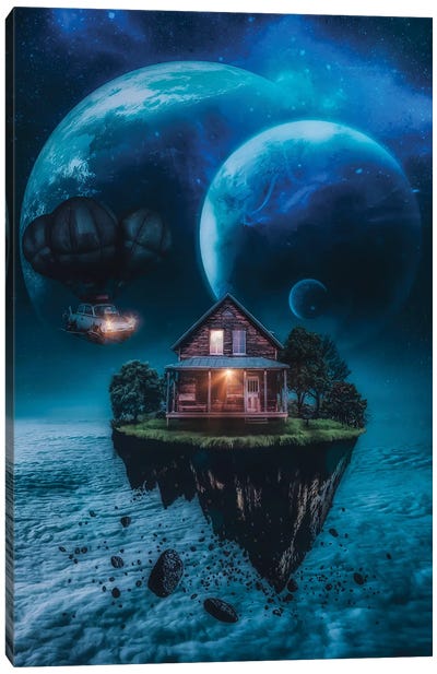 Wood House On A Floating Rock In Space Canvas Art Print - GEN Z