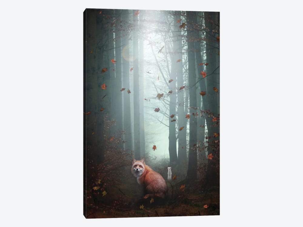 Red Fox And White Ermine In Autumnal Forest by GEN Z 1-piece Art Print